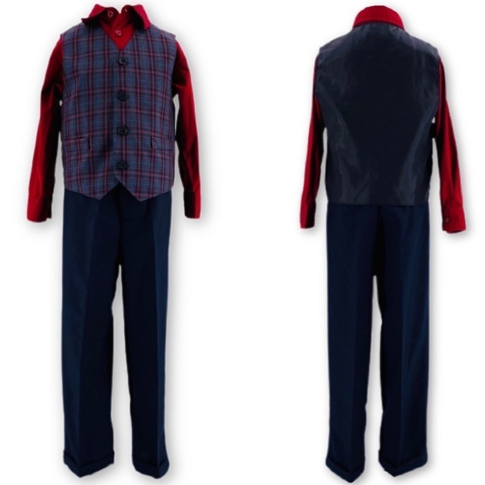 Boys 3 Piece Navy Suit Matching Plaid Vest and Red/Maroon Shirt Size 5